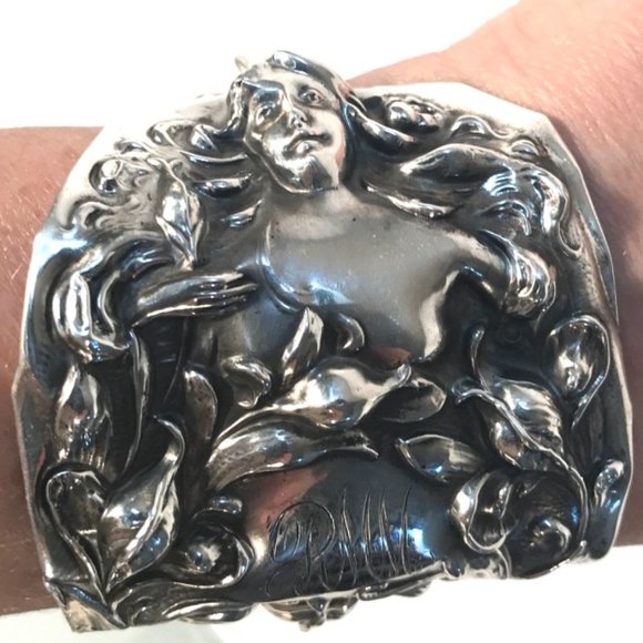 Antique Obsessions Jewelry - Rare Antique Goddess Sterling Silver Cuff Bracelet Victorian 925 Lady Face Wide